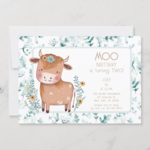 Invitation Cute Cow Boho Floral Deuxième anniversaire
