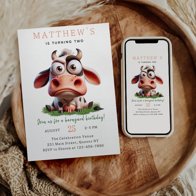 Invitation Cute Cow Farm Animaux 2e fête d'anniversaire (Créateur téléchargé)