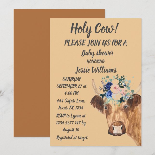 Invitation Cute Cow Farm Pays Bébé Garçon Western Floral (Devant / Derrière)
