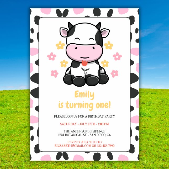 Invitation Cute Cow Imprimer Rose & Black Girl Anniversaire F (Créateur téléchargé)