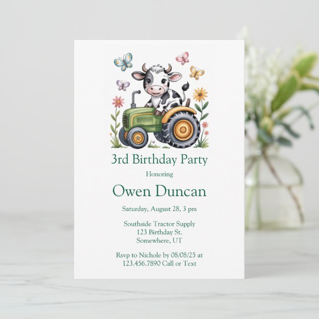Invitation Cute Cow on Tractor Boy Birthday Party  (Debout devant)
