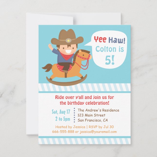 Invitation Cute Cowboy Sur Rocking Horse Anniversaire de enfa (Devant)