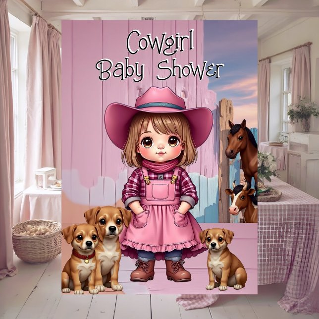 Invitation Cute Cowgirl Baby shower rose bleu animaux (Créateur téléchargé)