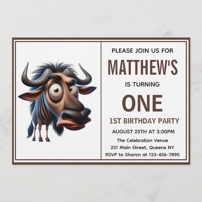 Invitation Cute Crazy wildebeest =Theme 1st Birthday photo (Devant)