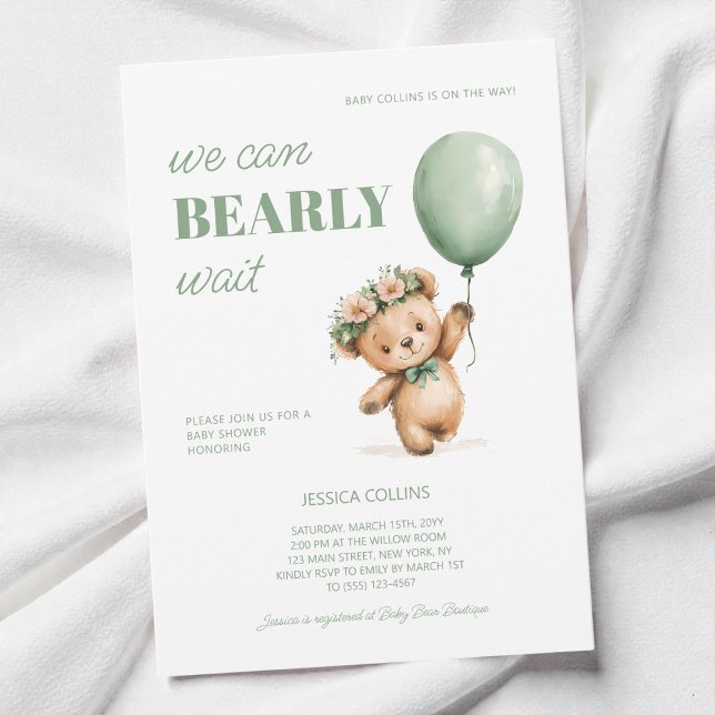 Invitation Cute Cub Sage Vert Nous Pouvons Bearly Wait Baby s (Cute Cub Sage Green We Can Bearly Wait Baby Shower Invitation)