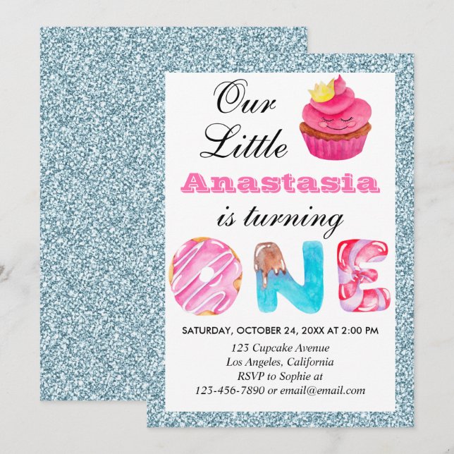Invitation Cute Cupcake Bleu clair Parties scintillant 1er an (Devant / Derrière)