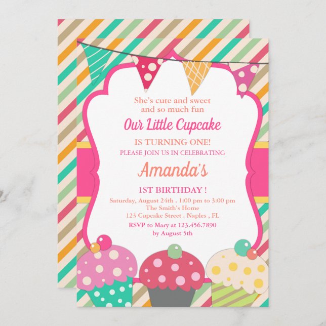 Invitation Cute Cupcake Premier anniversaire (Devant / Derrière)