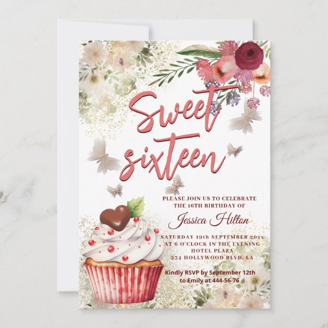 Invitation Cute cupcake Printemps Papillon boho doux fleuri 1 (Devant)