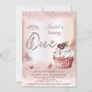 Invitation Cute Cupcake Rose or glitterie papillon tiara
