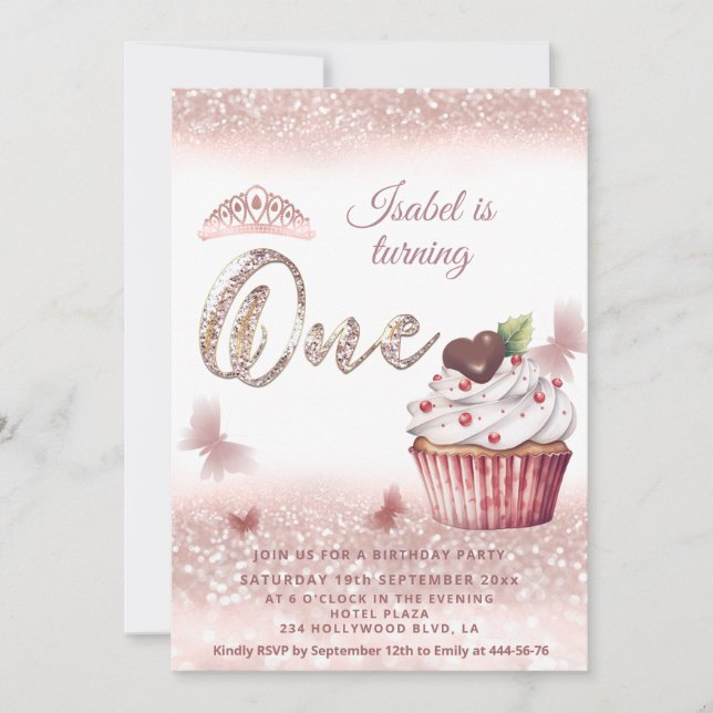 Invitation Cute Cupcake Rose or glitterie papillon tiara (Devant)