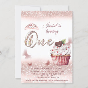 Invitation Cute Cupcake Rose or glitterie papillon tiara