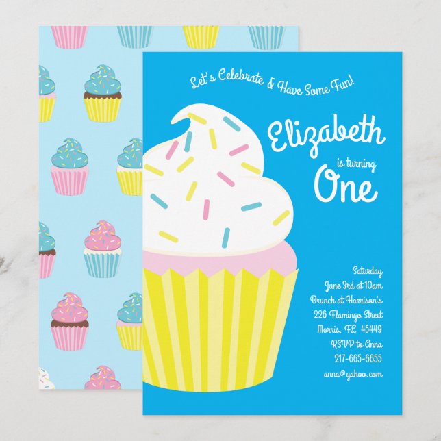 Invitation Cute Cupcakes Enfants 1er anniversaire (Devant / Derrière)