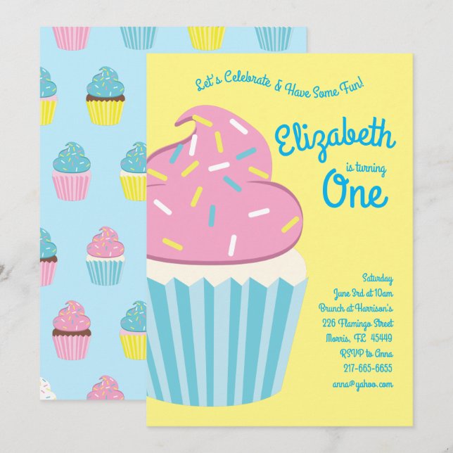 Invitation Cute Cupcakes Enfants 1er anniversaire (Devant / Derrière)