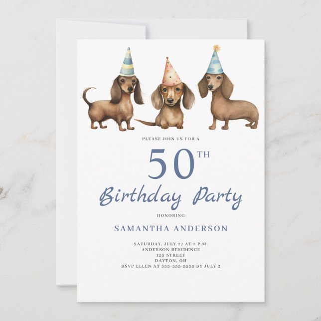 Invitation Cute Dachshund Chien 50e anniversaire de fête Invi (Devant)