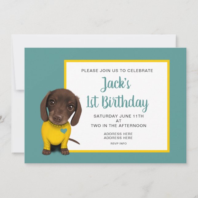 Invitation Cute Dachshund Puppy - 1er anniversaire (Devant)