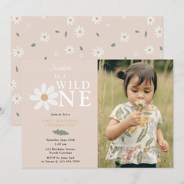 Invitation Cute Daisy Flower 1er Anniversaire Fille Wild One  (Devant / Derrière)