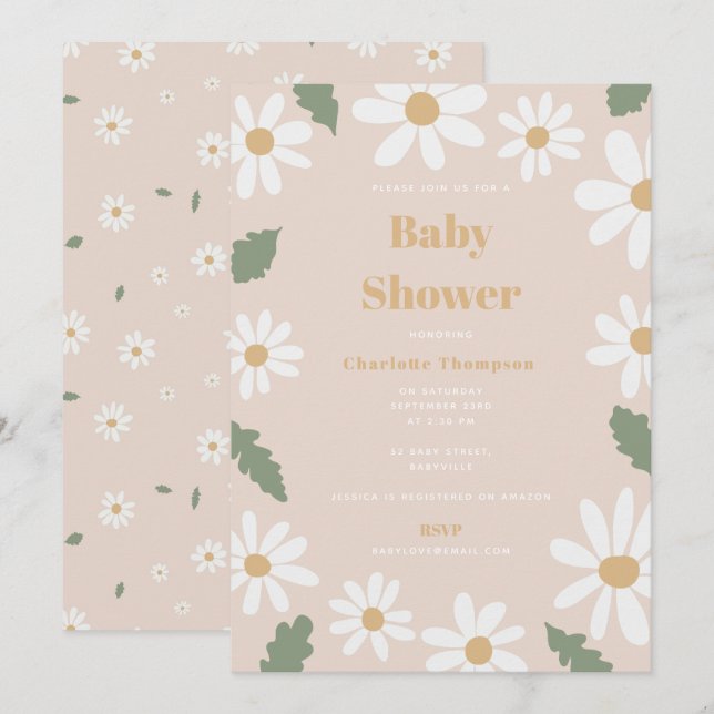 Invitation Cute Daisy Flower Baby Shower Girl Pink (Devant / Derrière)