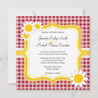 Invitation Cute Daisy sur Carmine Red En vichy ; À damiers