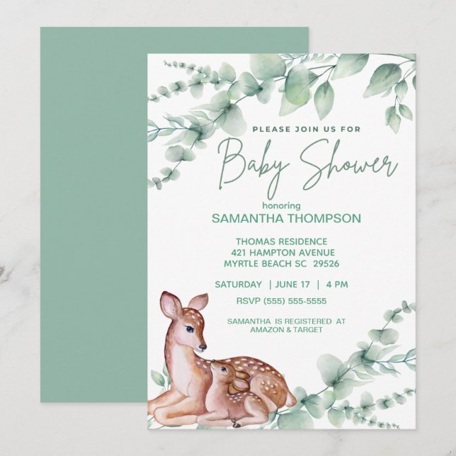 Invitation Cute Deer Mom Fawn Green Boys Baby shower (Devant / Derrière)