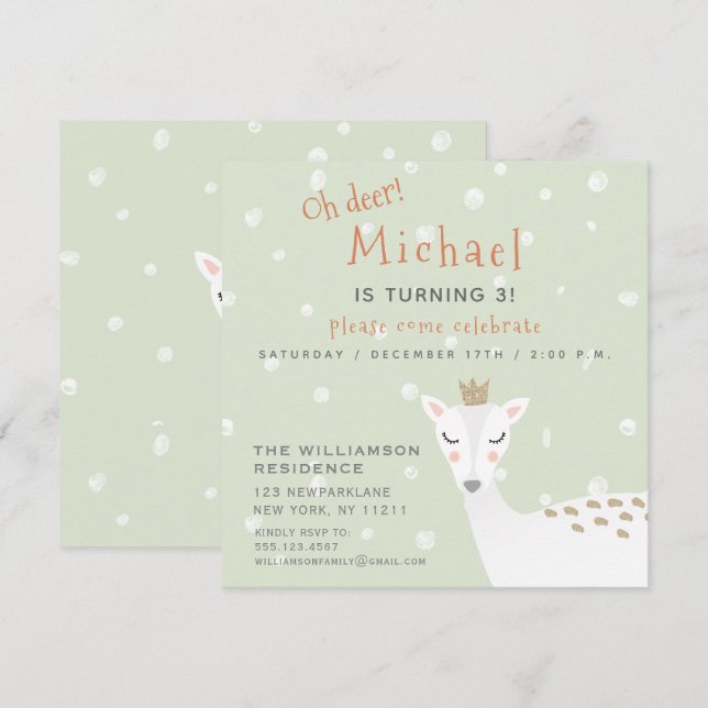 Invitation Cute Deer | Sage Green Kids Winter Birday (Devant / Derrière)