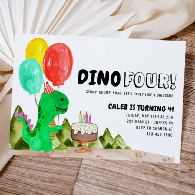 Invitation Cute Dino FOUR Ballons Dinosaur 4e anniversaire (Créateur téléchargé)