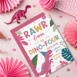 Invitation Cute Dino-Four Rose Dinosaur Girl 4e anniversaire