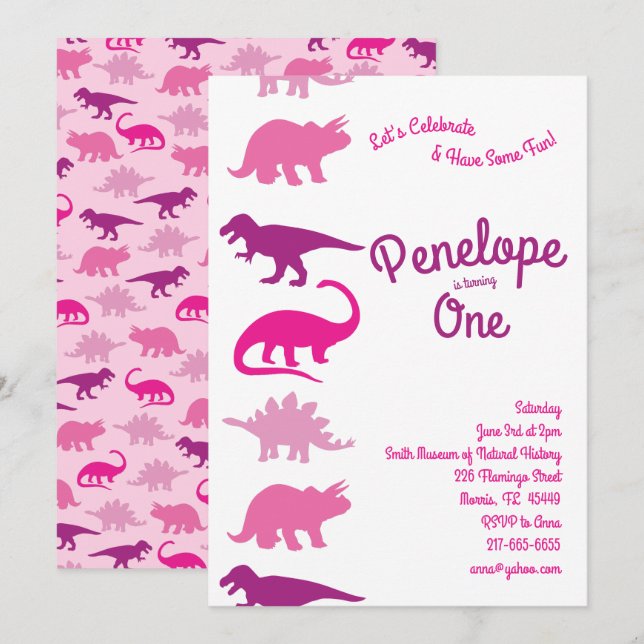 Invitation Cute Dinosaur 1er anniversaire Pink Dino Party (Devant / Derrière)