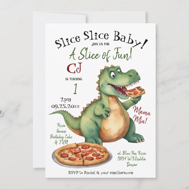 Invitation Cute Dinosaur 1er anniversaire Pizza Party (Devant)