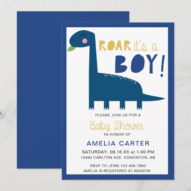 Invitation Cute Dinosaur baby shower Garçon Bleu Moderne (Devant / Derrière)
