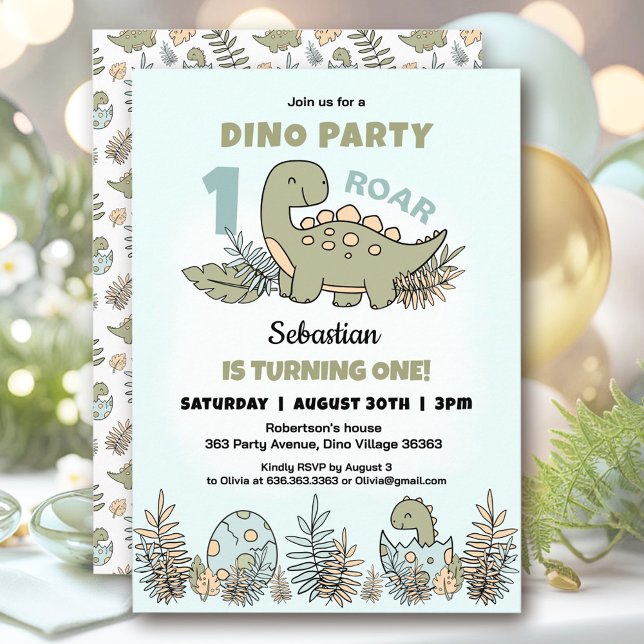 Invitation Cute Dinosaur Bleu Vert Garçon 1er anniversaire (Cute Dinosaur Blue Green Boy 1st Birthday Invitation)