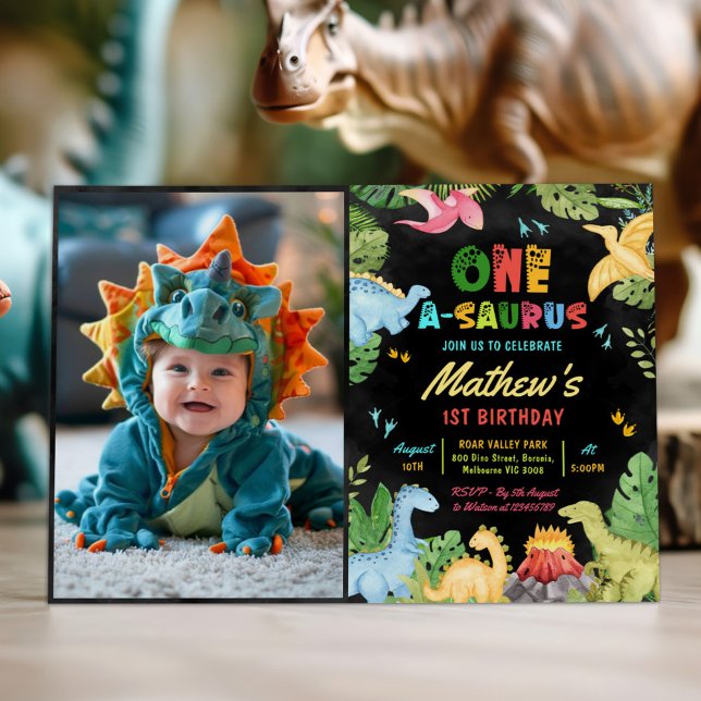 Invitation Cute Dinosaur Boy One-A-Saurus 1er Anniversaire Ph (Créateur téléchargé)