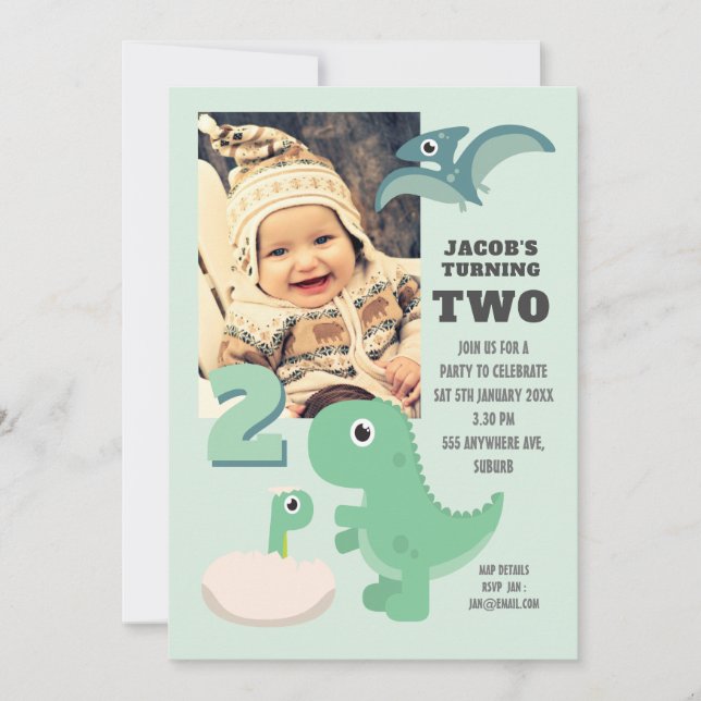 Invitation Cute Dinosaur Boys 2ème anniversaire Photo (Devant)