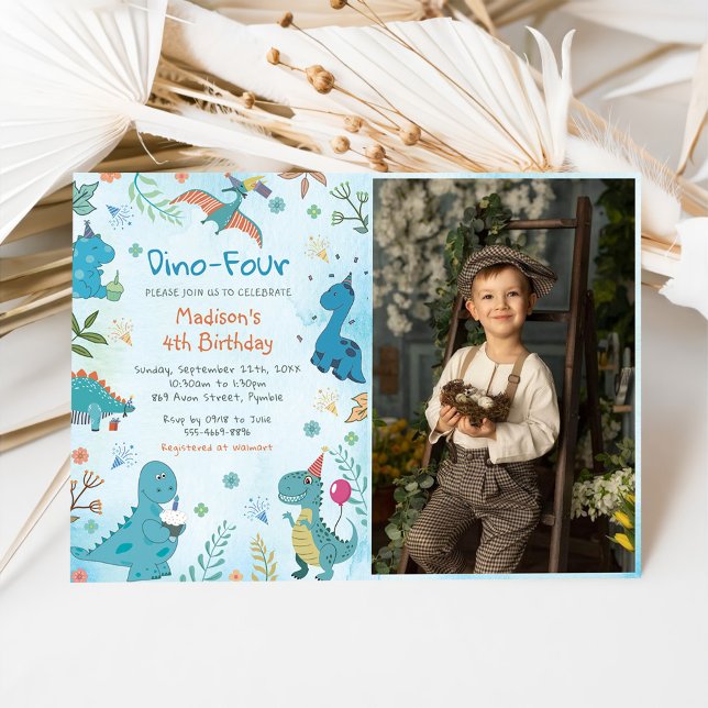 Invitation Cute Dinosaur Dino Quatre 4ème anniversaire de fêt (Créateur téléchargé)