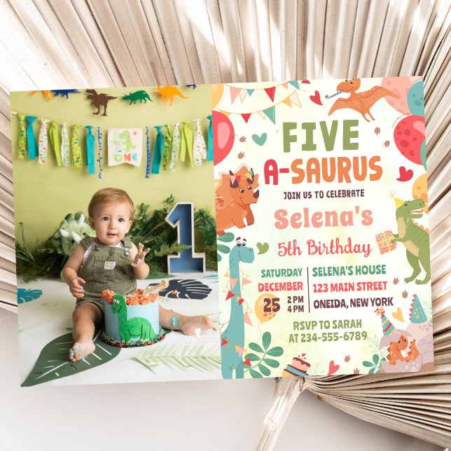 Invitation Cute Dinosaur Five-A-Saurus 5th Birthday Photo (Créateur téléchargé)
