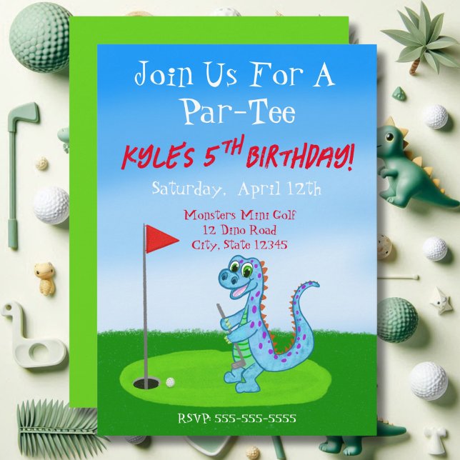 Invitation Cute Dinosaur Golf Thème 5ème anniversaire (Créateur téléchargé)