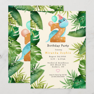 Invitation Cute Dinosaur Green Feuilles 2e fête d'anniversair
