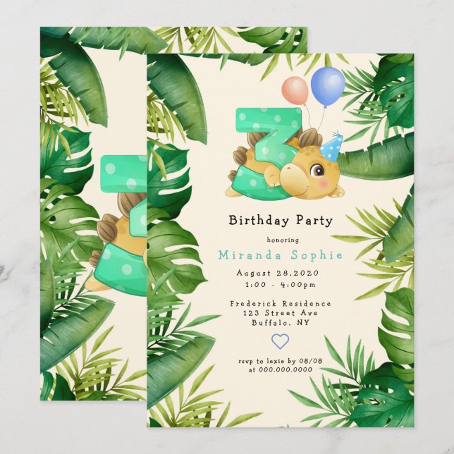 Invitation Cute Dinosaur Green Feuilles 3ème anniversaire (Devant / Derrière)