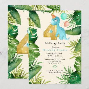 Invitation Cute Dinosaur Green Feuilles 4ème anniversaire