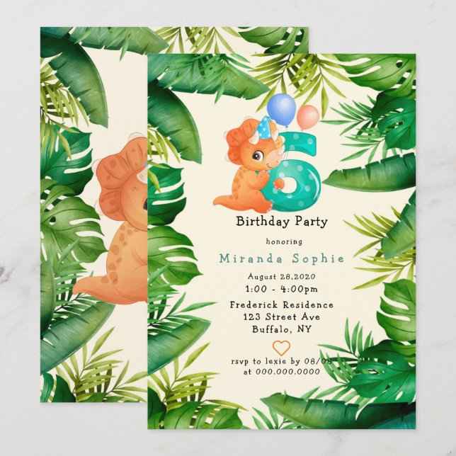 Invitation Cute Dinosaur Green Feuilles 6ème anniversaire (Devant / Derrière)