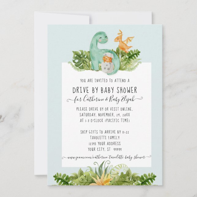 Invitation Cute Dinosaur Maman Foliage Bébé Drive Par Douche  (Devant)
