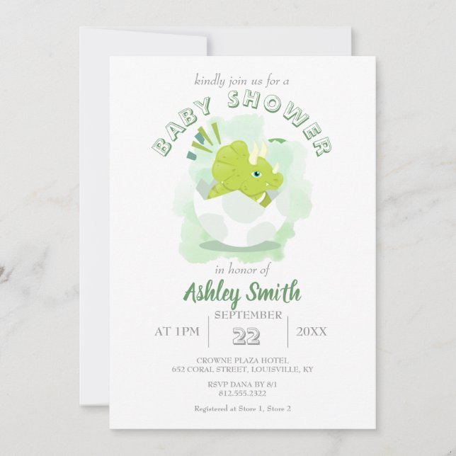 Invitation Cute Dinosaur Oeuf Vert Aquarelle Baby shower Inv. (Devant)