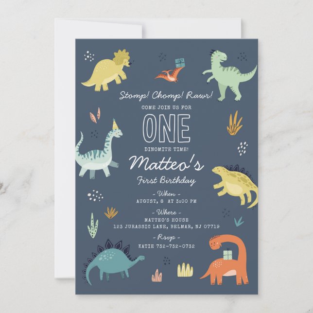 Invitation Cute Dinosaur Première fête d'anniversaire Invitat (Devant)