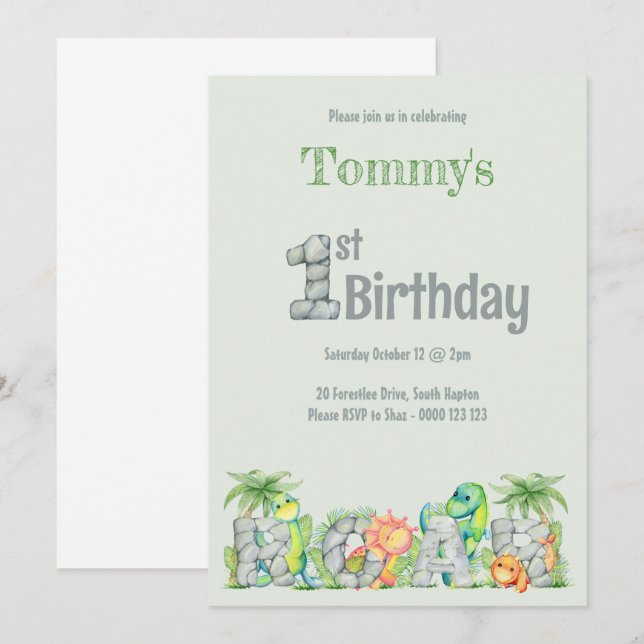 Invitation Cute Dinosaur Roar 1er Anniversaire Garçons (Devant / Derrière)