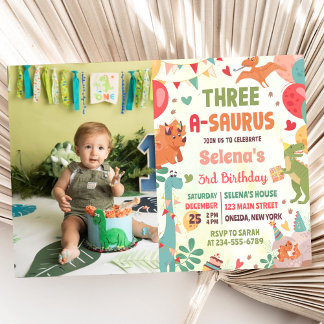Invitation Cute Dinosaur Trois-A-Saurus 3ème anniversaire Pho
