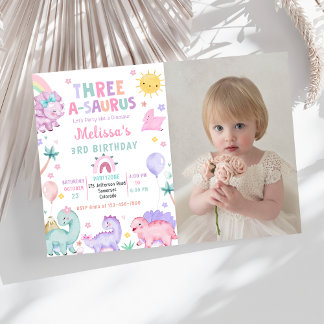 Invitation Cute Dinosaur Trois-A-Saurus 3ème anniversaire Pho