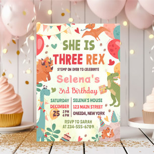 Invitation Cute Dinosaur Trois Rex 3e fête d'anniversaire