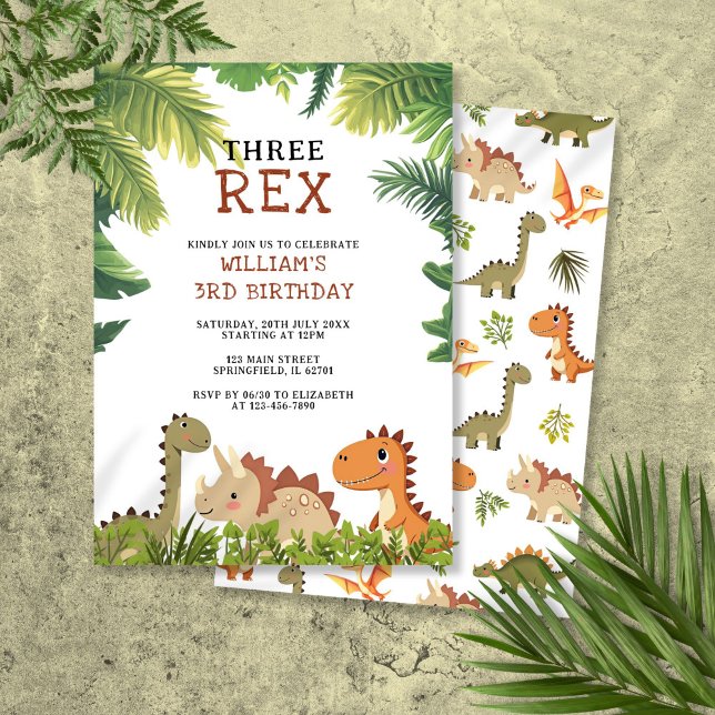 Invitation Cute Dinosaur Trois Rex 3e fête d'anniversaire (Cute Dinosaur Three Rex 3rd Birthday Party Invitation)