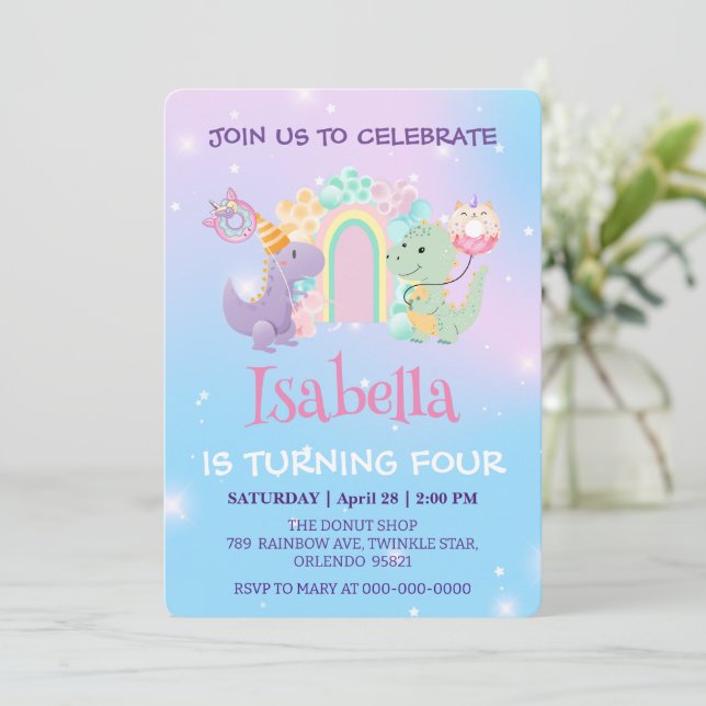 Invitation Cute Dinosaur Unicorn Rainbow ballon Anniversaire  (Debout devant)
