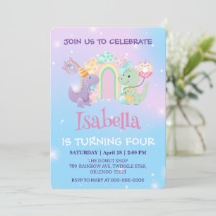 Invitation Cute Dinosaur Unicorn Rainbow ballon Anniversaire 