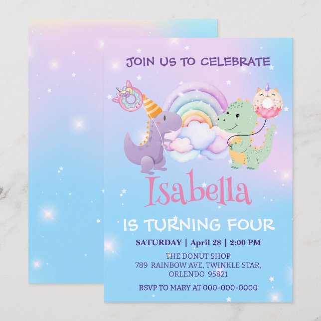 Invitation Cute Dinosaur Unicorn Rainbow ballon Anniversaire  (Devant / Derrière)
